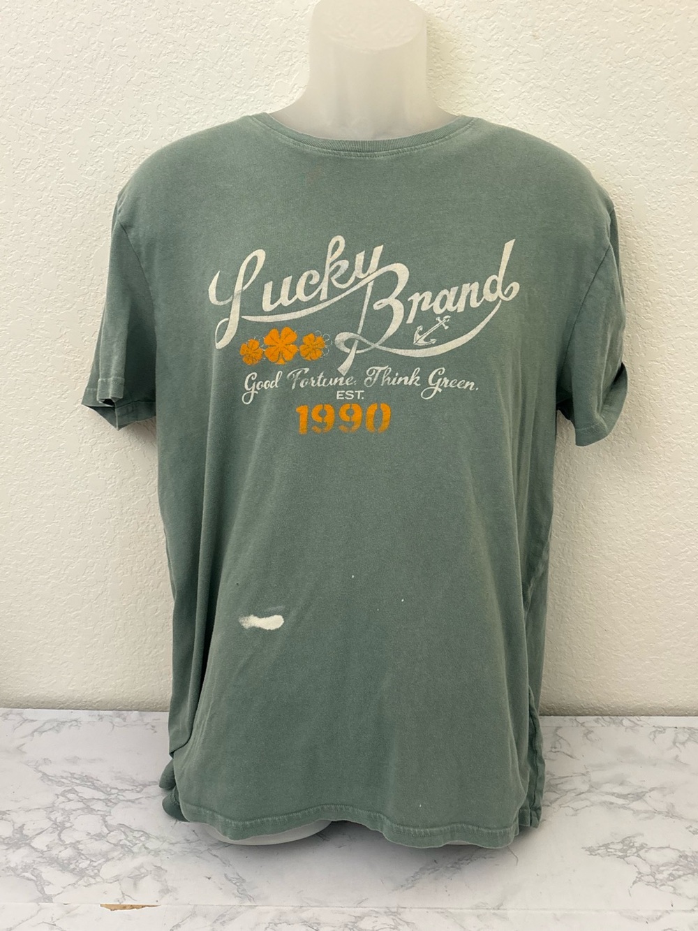 Lucky Brand T-Shirt Mens L Good Fortune Think Green Short Sleeve Distressed Tee